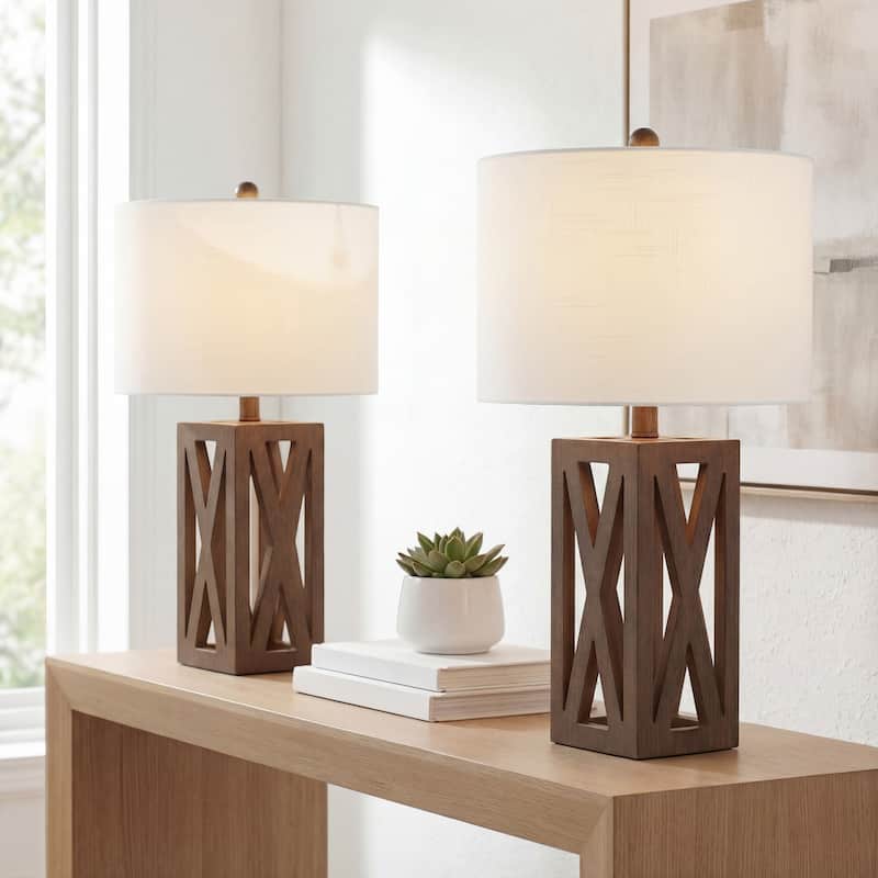 Ibiza 21.5" Farmhouse Wood LED Table Lamp, Brown (Set of 2), by JONATHAN Y - Brown