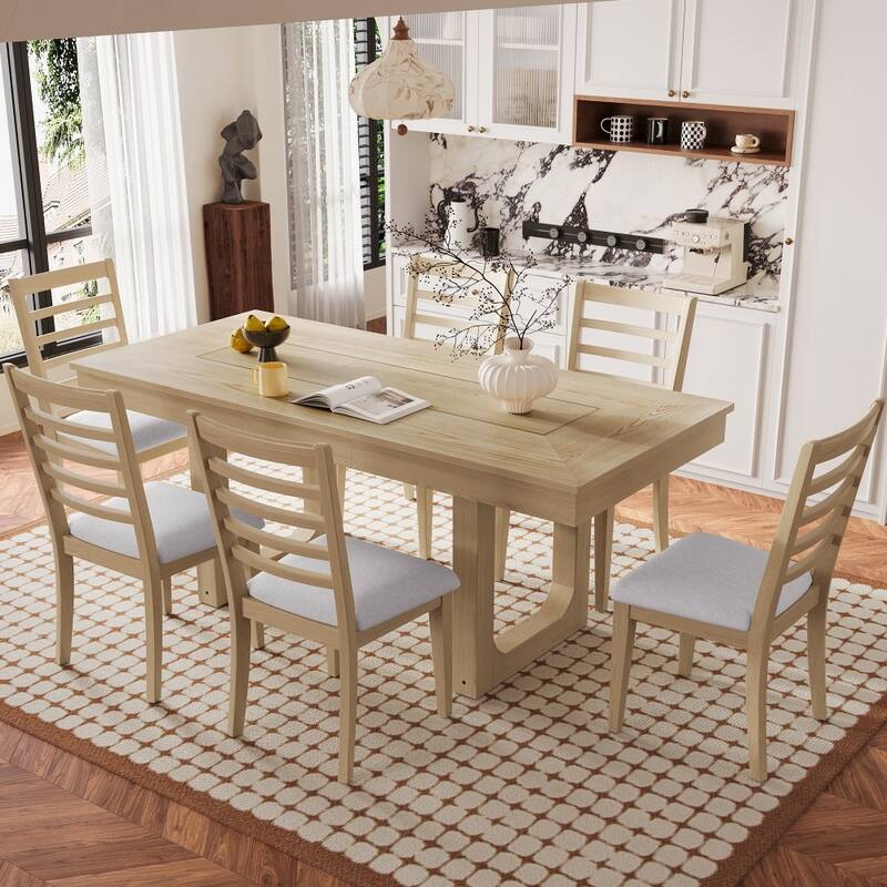 Rustic 7-piece Wooden Extendable Dining Set with 18" Move Leaf and 6 piece Upholstered Chairs - Natural