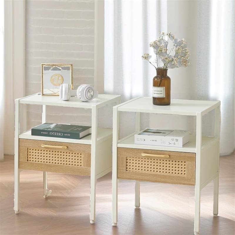 Modern Nightstand with Drawer and Metal Legs(Set of 2) - White