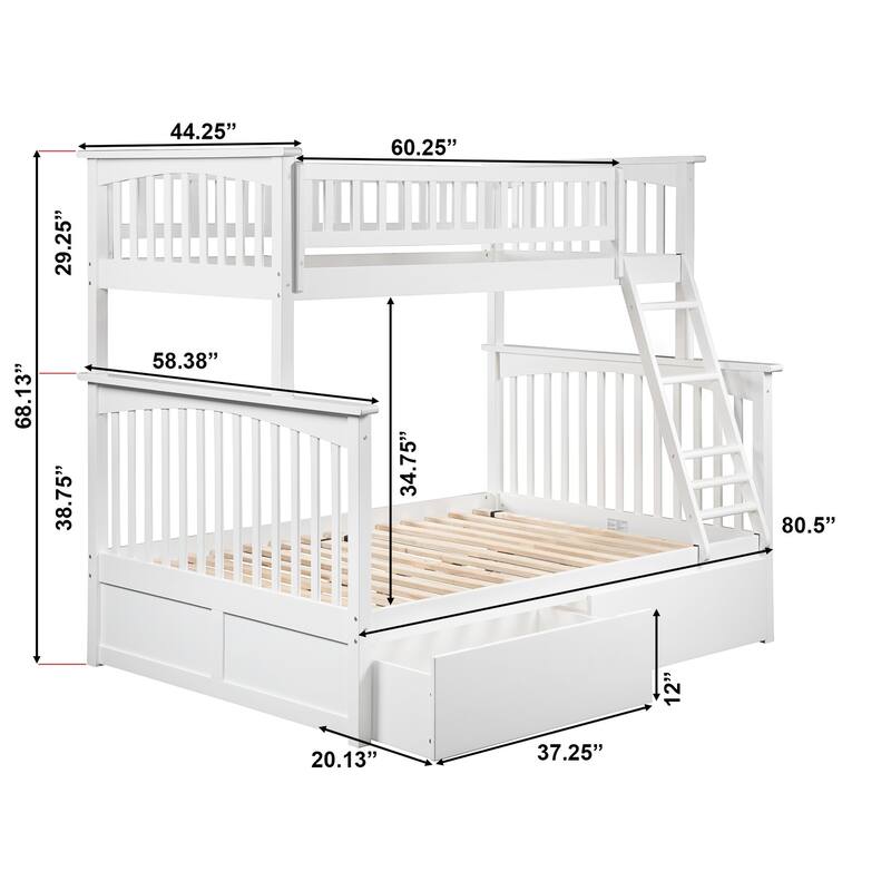 AFI Columbia Twin over Full Size Bunk Bed with Bed Drawers and Charging Station in White