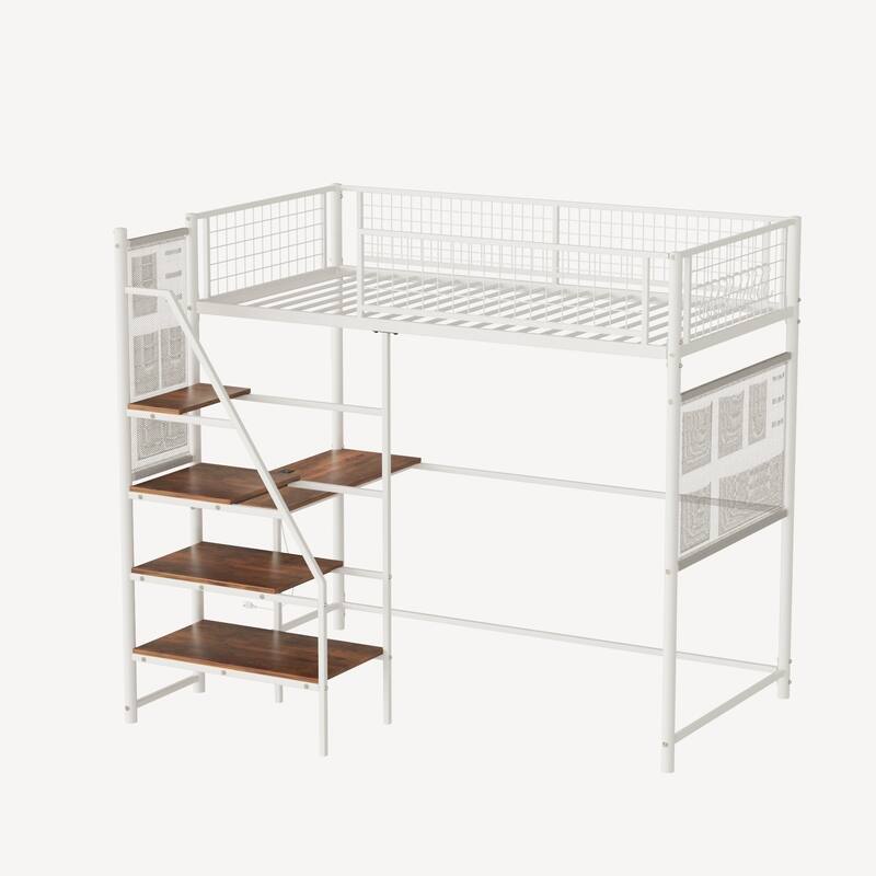 70'' Twin Metal Loft Bed with Built-in LED Lights and Charging Station