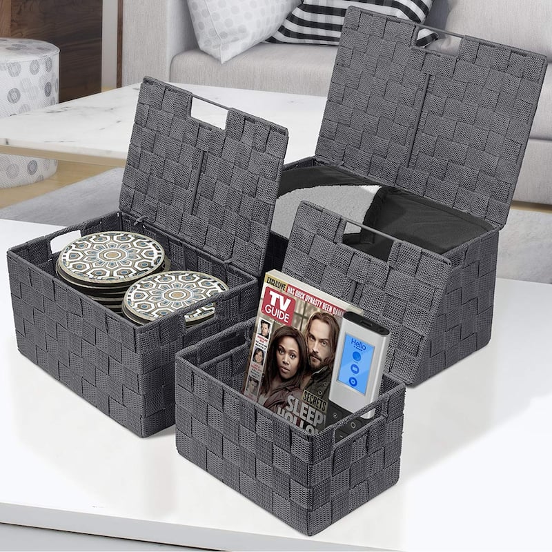 Storage Box Woven Basket Bin Container Tote Cube Organizer Set Stackable Shelf Organizer Built-in Carry Handles (3-Piece)