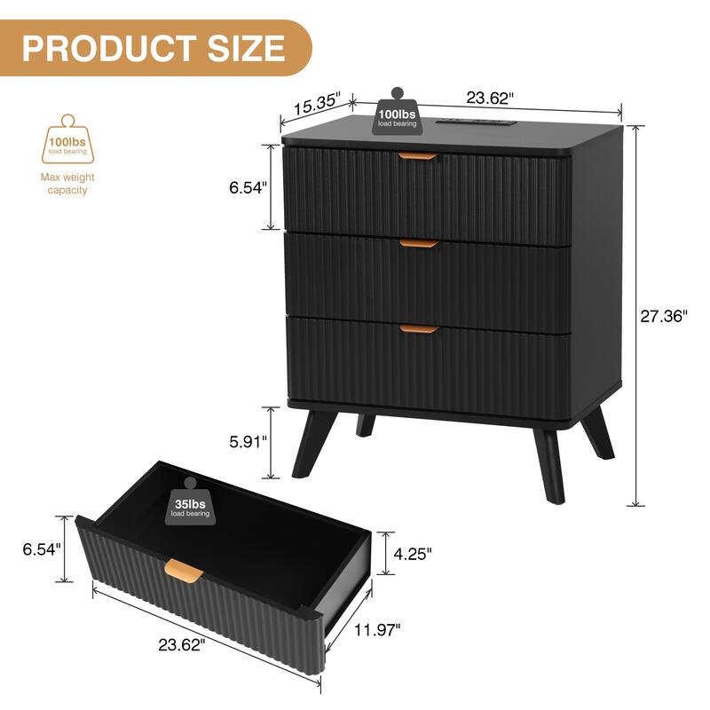 23.62in.W End Table 3-Drawer Nightstand with Charging Station