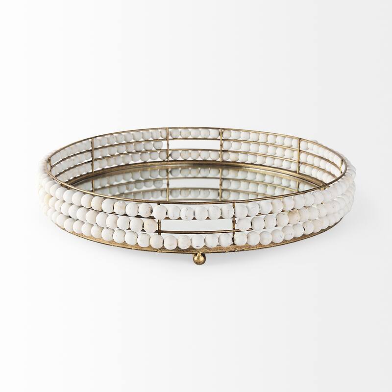 Decatur I White Wooden Beads w/ Mirrored Base Round Tray