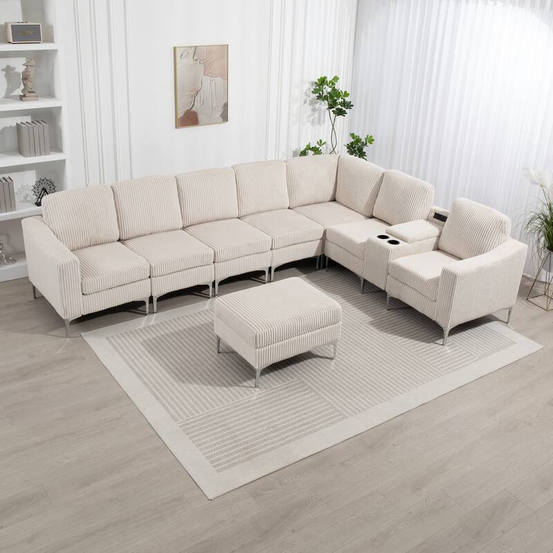 Modern Modular Corduroy Sectional Sofa with USB Ports, Storage Ottoman and Cup Holders for Living Room Apartment