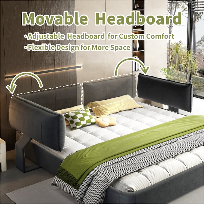 King Size Cloud Bed Frame with Oversized Padded Movable Headboard, Chenille Upholstered Bed with Round Corner