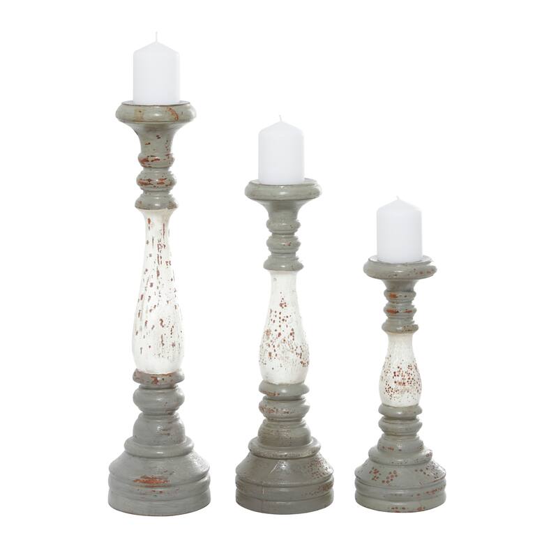 Black or Gray Aluminum Turned Style Pillar Candle Holder with White Accents (Set of 3) - S/3 20", 16", 12"H