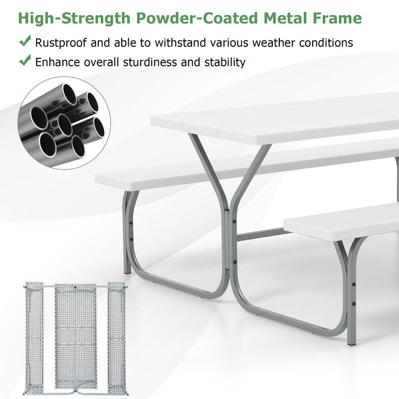 72 Inch 8-Person Outdoor Picnic Table and Bench Set with HDPE Wood-Texture Top and with Built-in Umbrella Hole