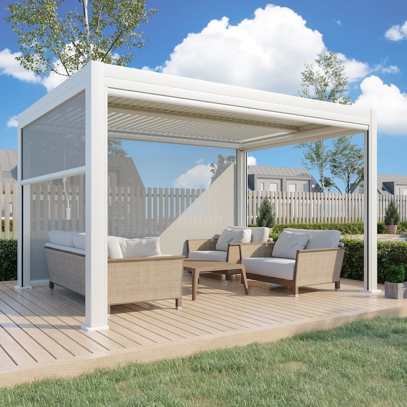 EROMMY Outdoor Louvered Pergola Gazebo with Adjustable Aluminum Rainproof Roof and Pull-Down Screen - 10'x13' Electric&LED - White