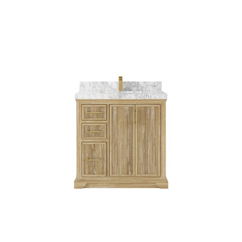 Willow Collections 36 x 22 Alys Solid Teak Center Sink Right Bathroom Vanity with Countertop - 2"Carrara Marble - Whitewashed