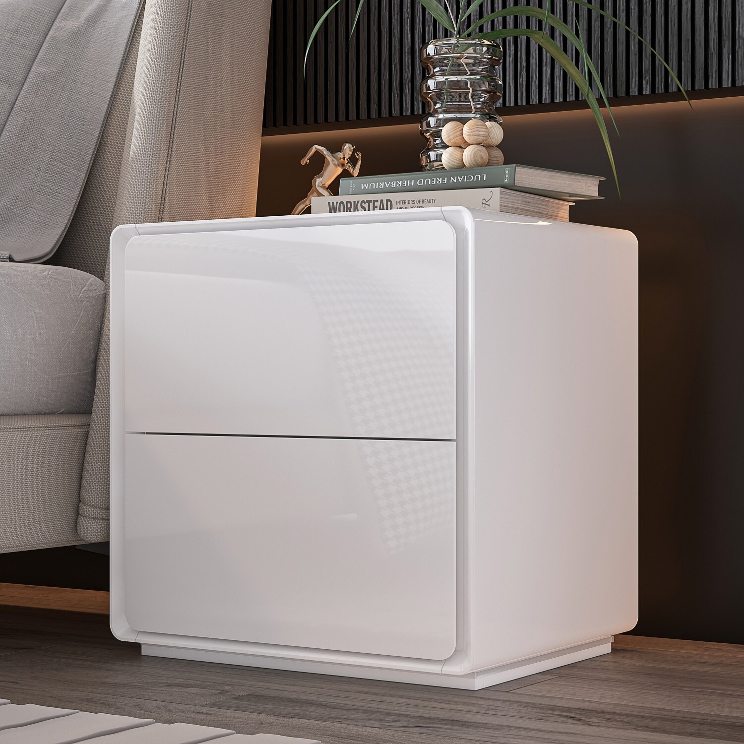 White Modern LED Nightstand High Gloss Bedside Tables with 2