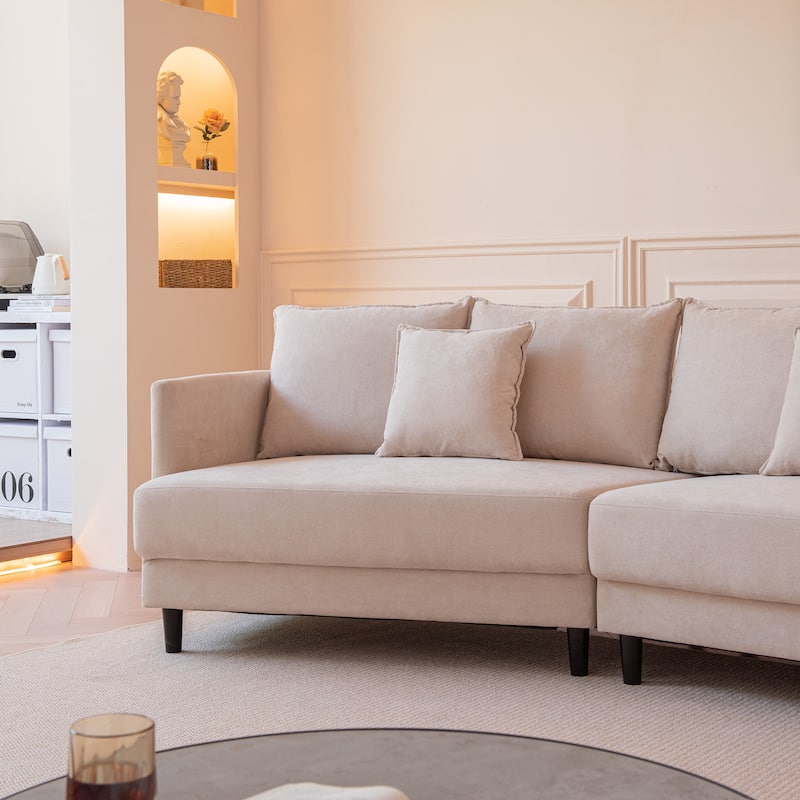 Polyester Upholstered Sleeper Sectional Sofa With Wood Legs - Beige
