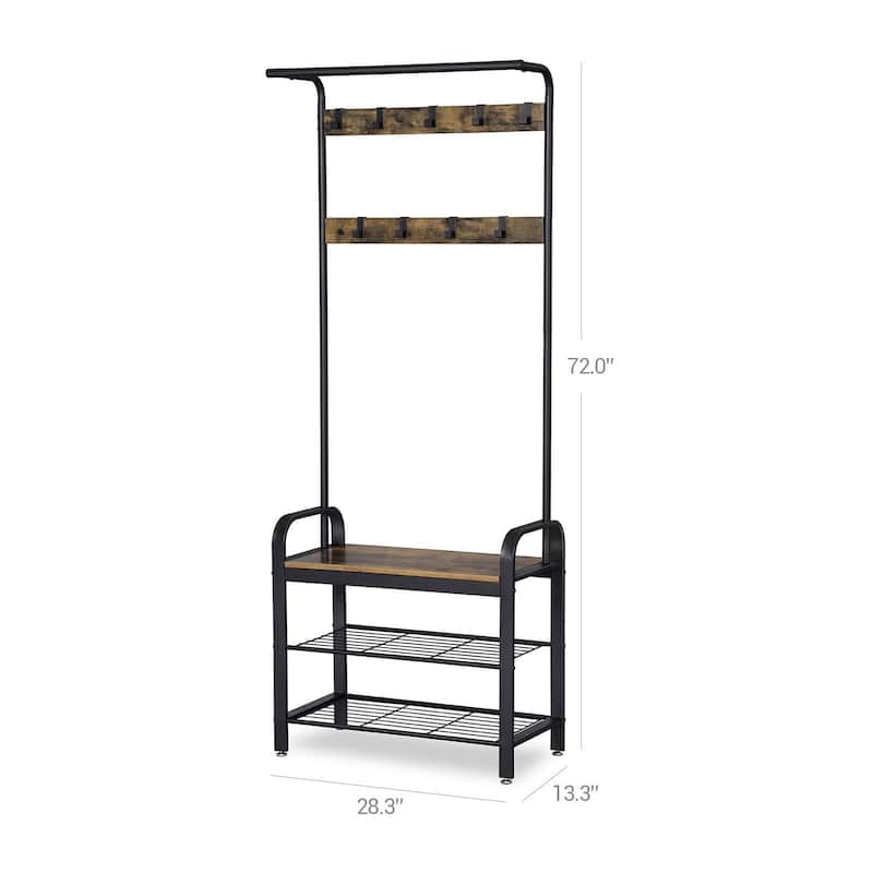 Vintage Coat Rack Shoe Bench, Hall Tree Entryway Storage Shelf, Wood Look Accent Furniture with Metal Frame, 3 in 1 Design