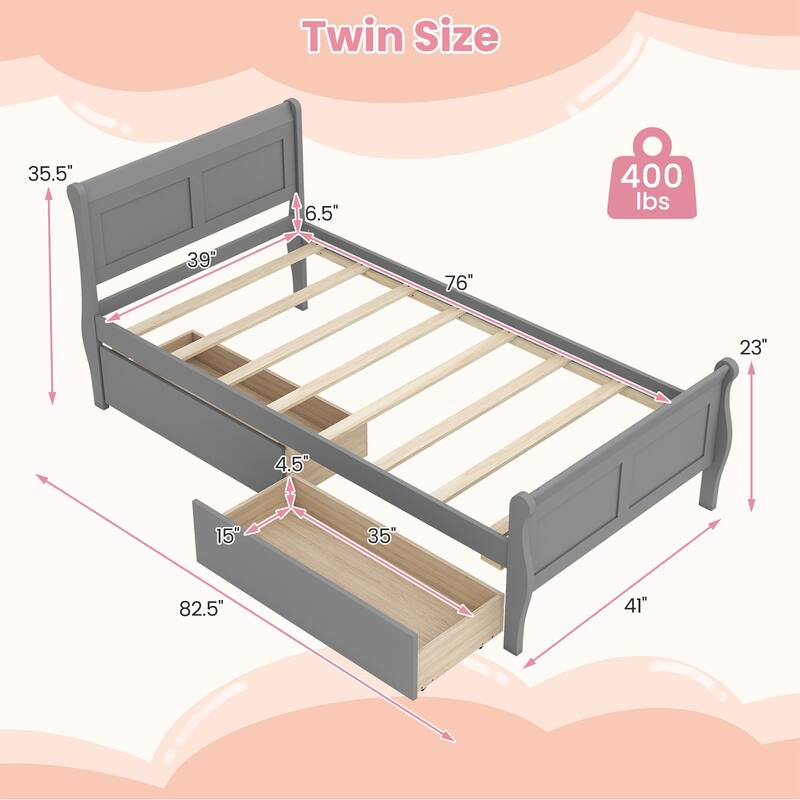 Costway Twin Size Bed Frame with 2 Storage Drawers Wood Platform Bed