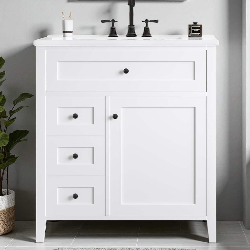 30-Inch Bathroom Vanity with Sink, MDF and Solid Wood Cabinet, 3 Drawers and Adjustable Shelf, Freestanding Design