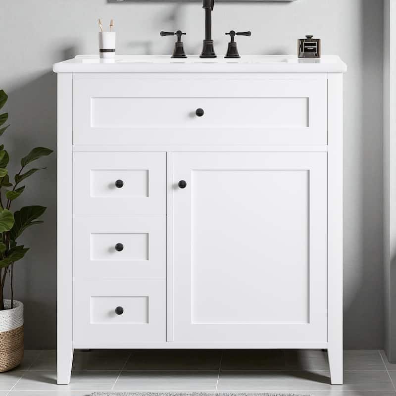 30-Inch Bathroom Vanity with Sink, MDF and Solid Wood Cabinet, 3 Drawers and Adjustable Shelf, Freestanding Design - White