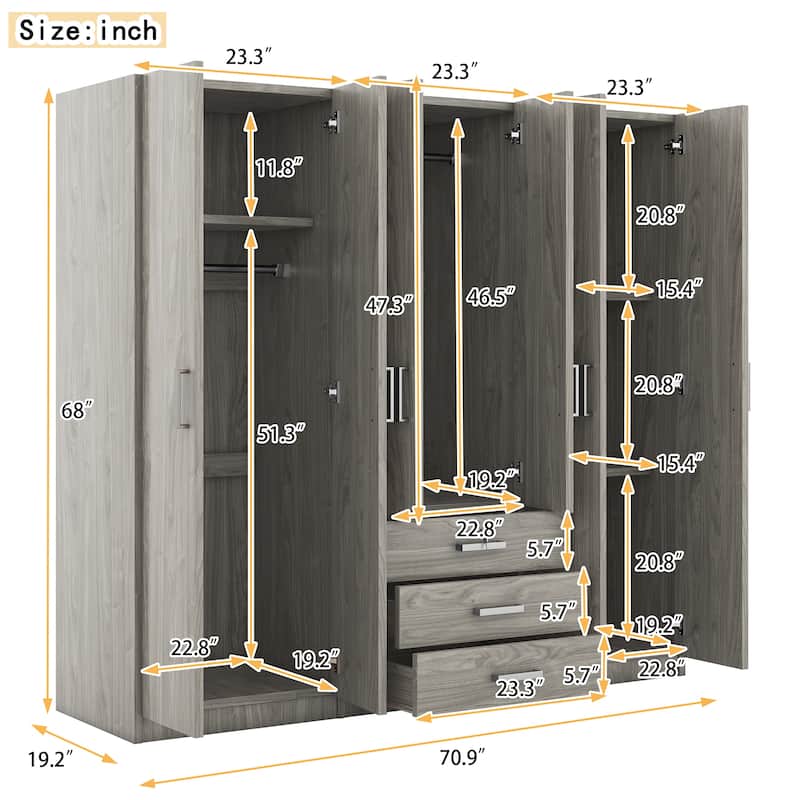 6-Doors Wooden Wardrobe Armoire Closet / Freestanding Large Wardrobe Cabinet for Bedroom