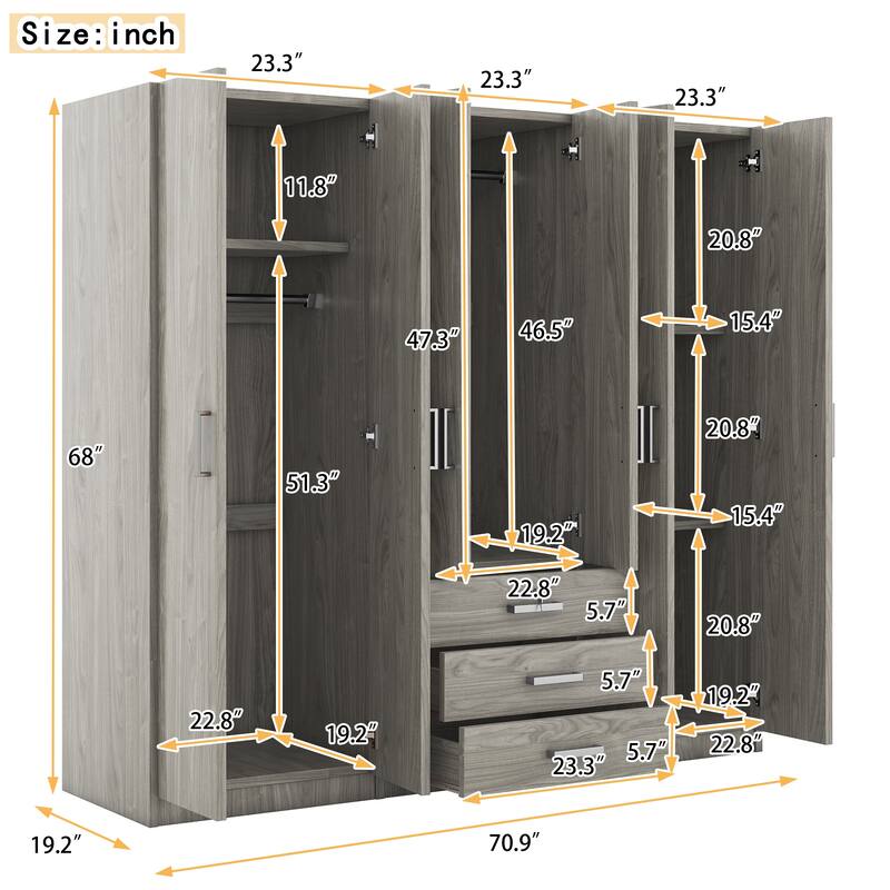 6-Doors Wooden Wardrobe Storage Modern Simple Wardrobe Hidden Wardrobe with Big Drawers and Silver Handles for Cloakroom