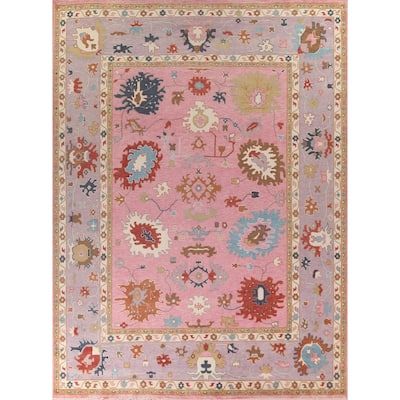 Pink Floral Oushak Oriental Large Area Rug Hand-Knotted Wool Carpet - 11'9" x 14'8"