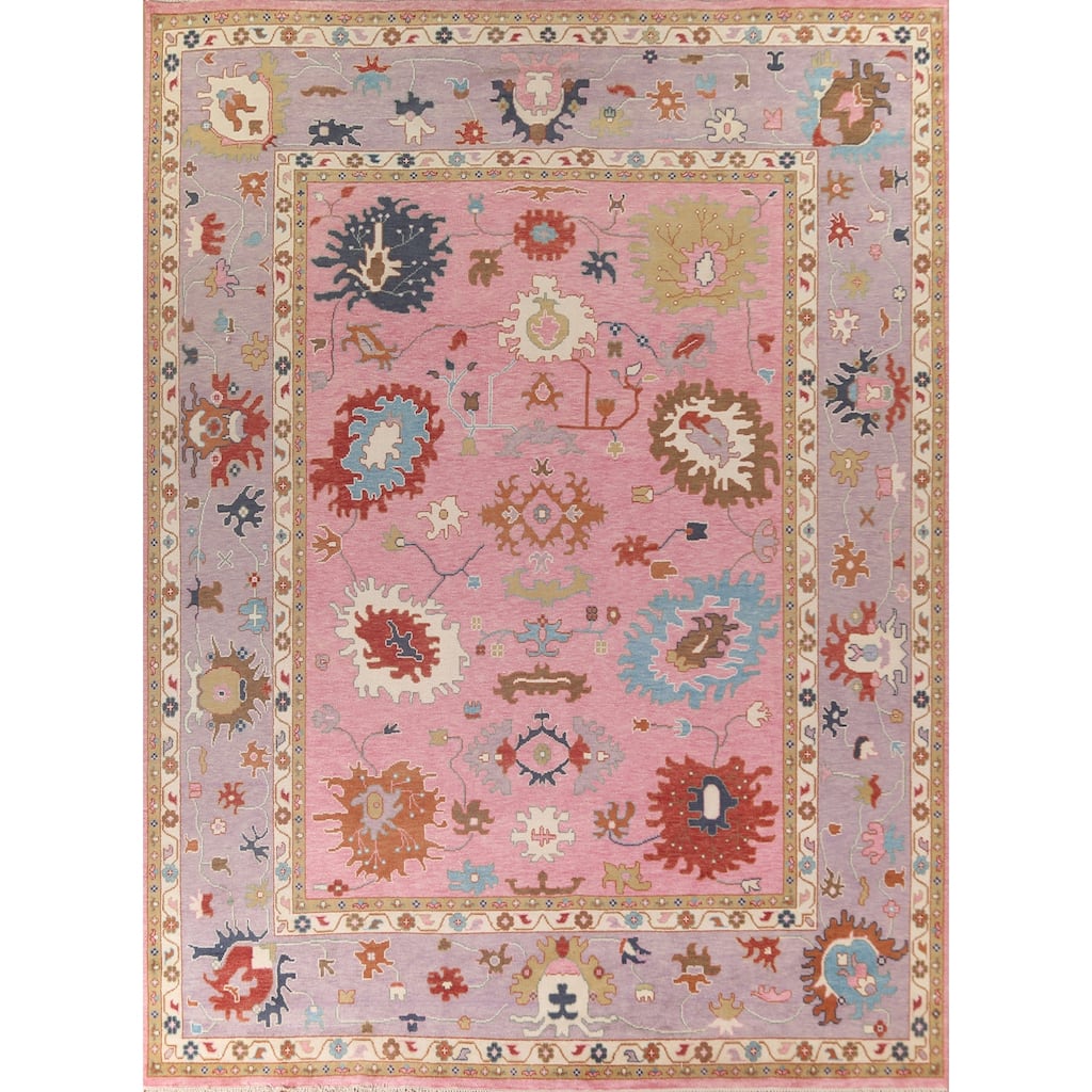 Pink Floral Oushak Oriental Large Area Rug Hand-Knotted Wool Carpet - 11'9" x 14'8"
