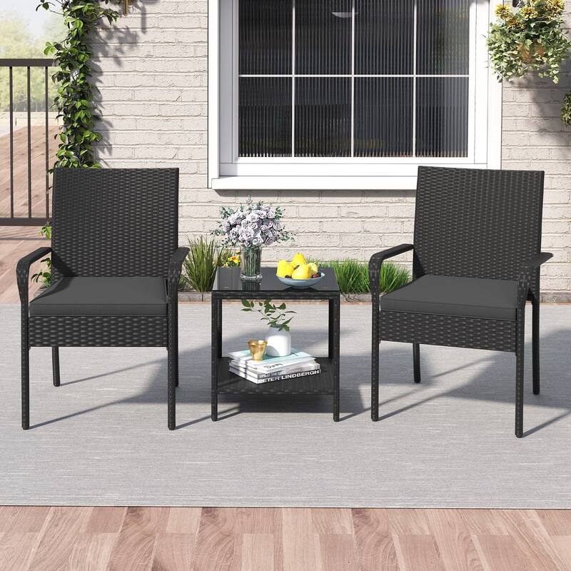 Gymax 3 Piece Patio Furniture Set Outdoor Wicker Chair & Table Set w/