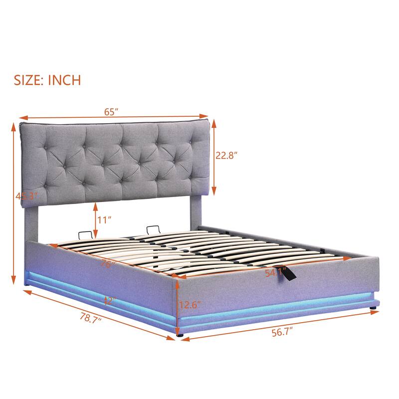 Gray LED Light Bed Frame for Full Storage Platform Bed w/ Headboard