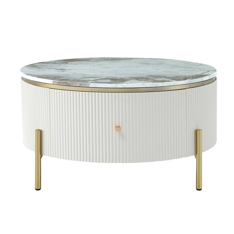 Modern Round Coffee Table with 2 large Drawers Storage Accent Table - White