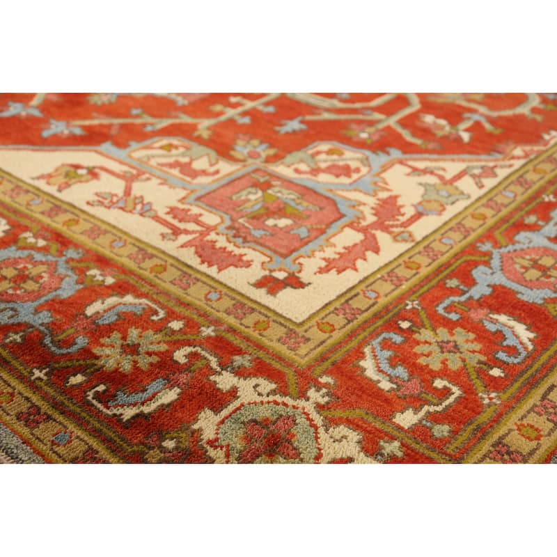 Medallion Heriz Serapi Area Rug Handmade Orange Wool Carpet - 8'11" x 11'10"