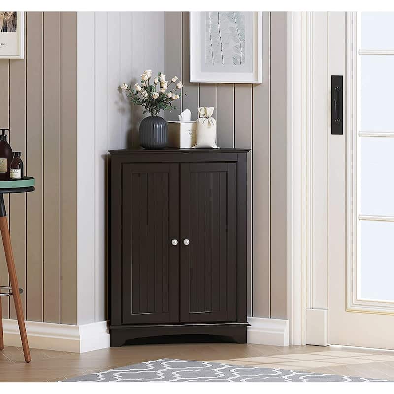 Spirich Home Floor Corner Cabinet with Two Doors and Shelves, Free-Standing Corner Storage Cabinets,White - Brown - Painted