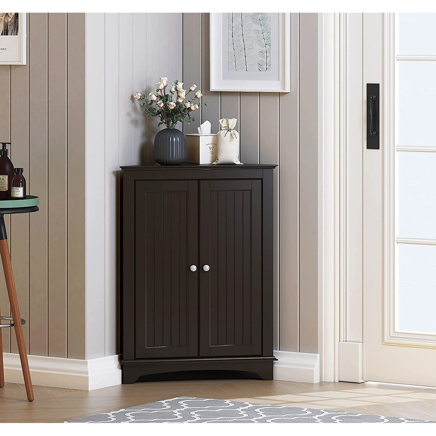 Spirich Home Floor Corner Cabinet with Two Doors and Shelves Free Standing Corner Storage Cabinets White