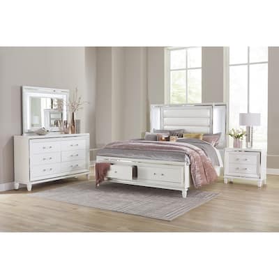Platform Bedroom Set White Finish LED Light Bed with Storage