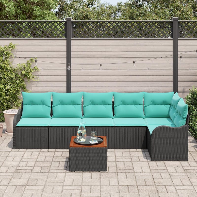 vidaXL 7 Garden Sofa Set with Cushions Black Poly Rattan - 113.2 x 48.2 x 27.2
