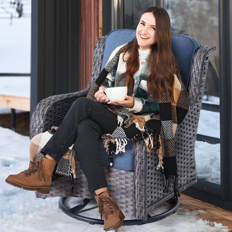 OVIOS 9-piece Patio Wicker Swivel Rocking Chair Set With Fire Pit