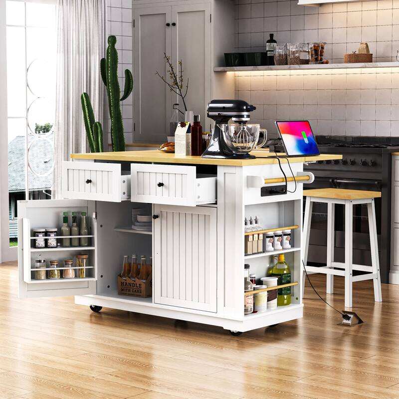 Multi-Functional Kitchen Island Set with Bar Stools, Power Outlet, Drop Leaf, Storage Racks & Wheels for Home & Dining Space