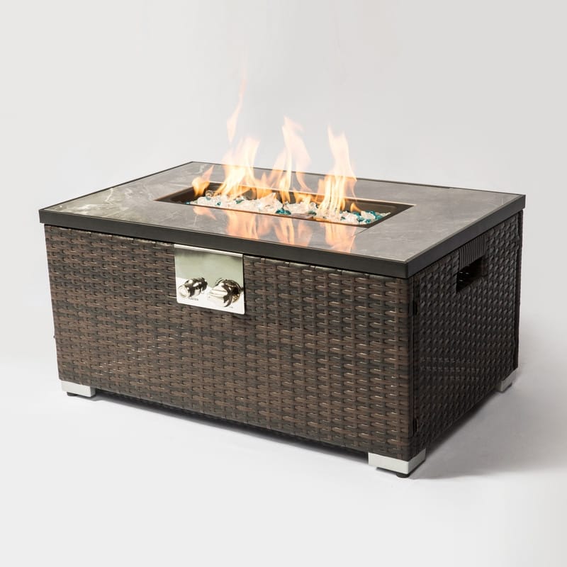 Outdoor Propane Fire Pit Table Rattan Gas Fire Table with Tile Tabletop