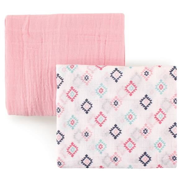 slide 1 of 1, Hudson Baby Infant Girl Cotton Muslin Swaddle Blankets, Pink Aztec, One Size - Pink Aztec - 2-Pack 2-Pack - Pink Aztec