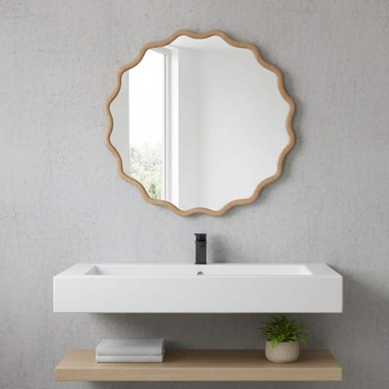 24 inch Wavy Round Solid Wood Frame Decorative Mirror,For Bedroom, Bathroom, Living Room, Entryway