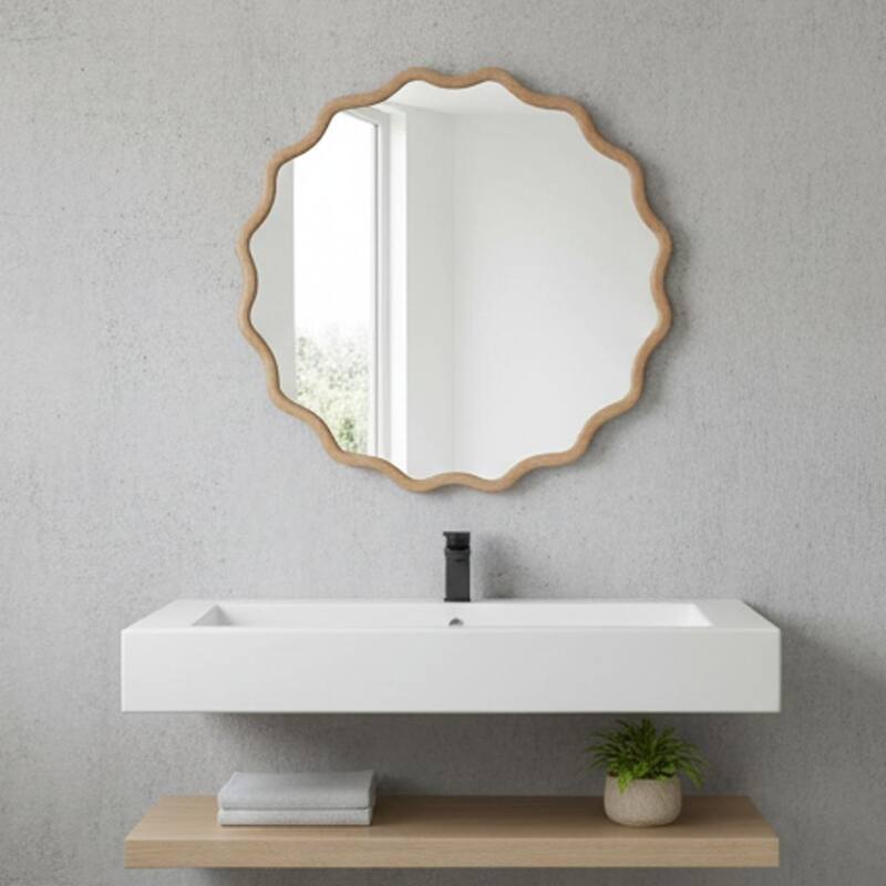 24 inch Wavy Round Solid Wood Frame Decorative Mirror