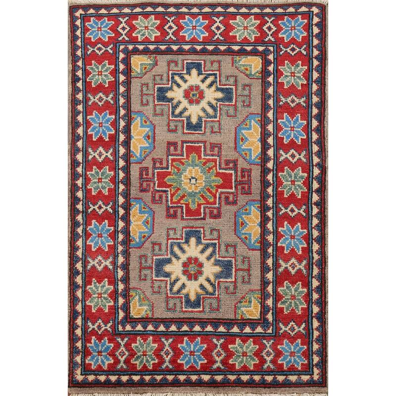 Hand Knotted Oriental 100% Wool Carpet Traditional Geometric Brown Kazak Area Rug - 3' 1'' X 2' 2''