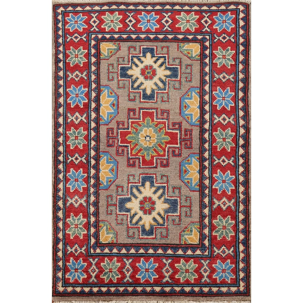 Hand Knotted Oriental 100% Wool Carpet Traditional Geometric Brown Kazak Area Rug - 3' 1'' X 2' 2''