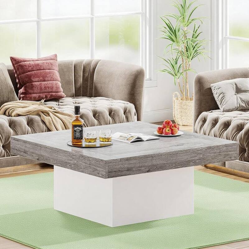 35.4” Square Rustic Wooden Coffee Table with LED Light for Living Room or Bedroom Furniture - 35.4”L x 35.4”W x 17.7”H