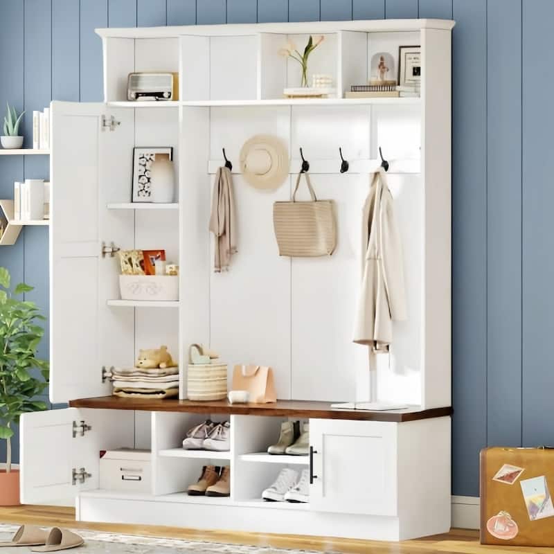 Versatile 3-in-1 Hall Tree with 6 Hooks, Farmhouse Walnut Storage Bench with Adjustable Shelves - White
