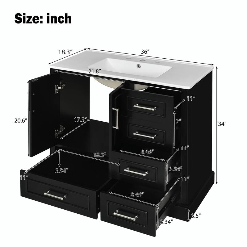 36" Bathroom Vanity with Ceramic Sink - Soft Close Doors and Four Storage Drawers