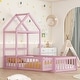 preview thumbnail 3 of 4, Wooden Floor Bed with Fence Railings and Detachable House Shape Headboard, Twin Size Bed with Kids Dress Up Rack Pink