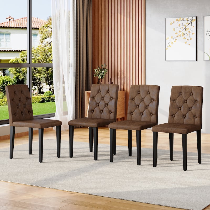 Set of 4 Suede Fabric Dining Chairs: Features a decorative button-tufted backrest, and has black metal legs - Brown+Black