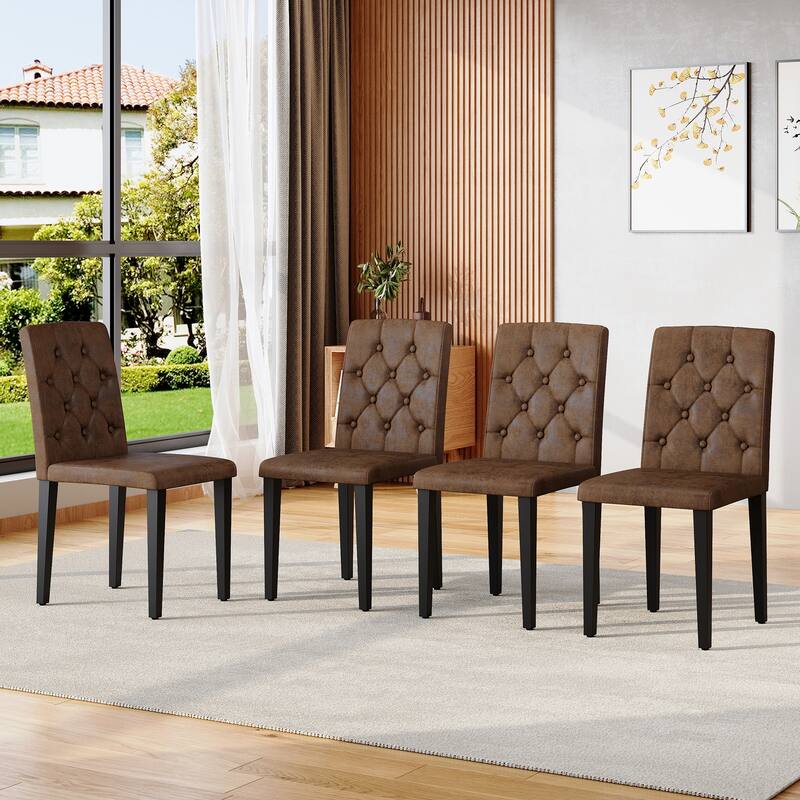 Upholstered Dining Chairs Set of 4, Button Tufted Dining Chair with Metal Legs, Modern Suede Fabric Side Chair with Backrest - Brown+Black