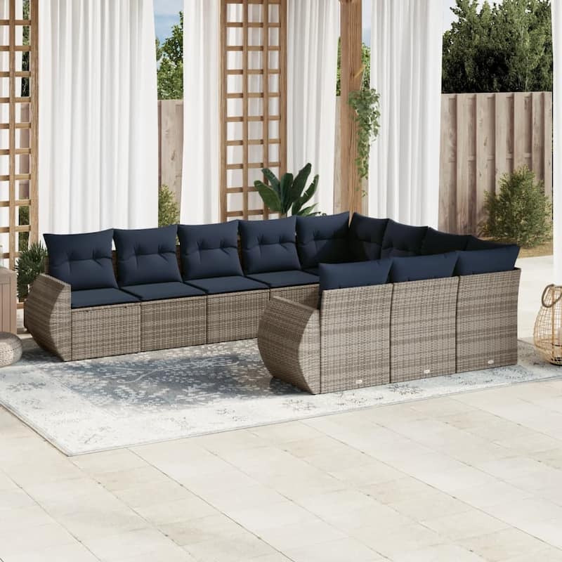vidaXL 10 Piece Patio Sofa Set with Cushions Grey Poly Rattan - 24.4" x 24.4" x 27.2" - Grey and blue Without table