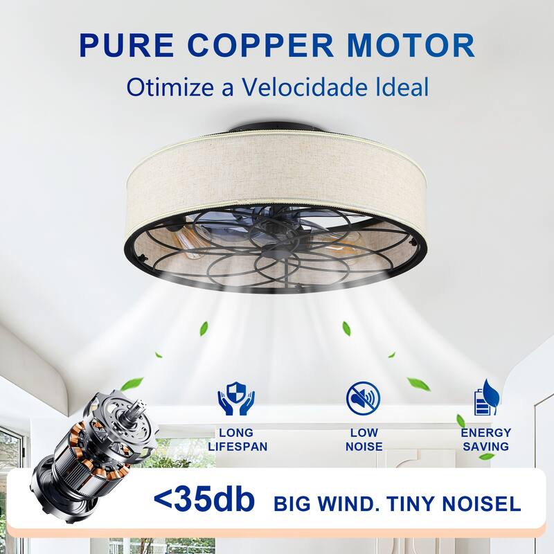20" Low Profile Fabric Farmhouse Bladeless Ceiling fan With Remote Control,Low Profile Modern Enclosed Ceiling Fans