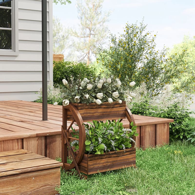 Carbonized Fir Wood Raised Planter with Wagon Wheel Design