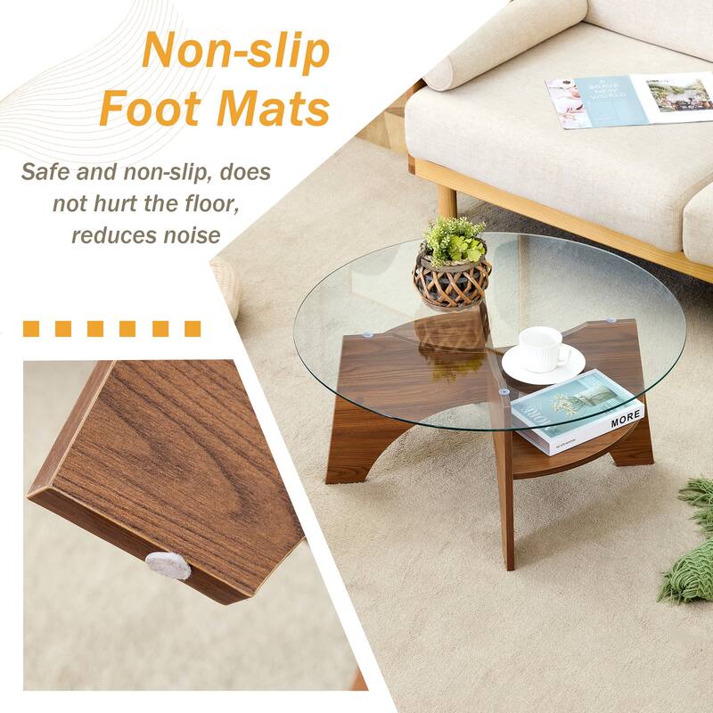 Round Tempered Glass Coffee Table with Fan Shaped Pedestal and Walnut Legs